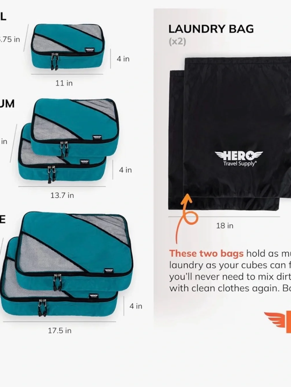 HERO Packing Cubes for Travel Set of 5 Luggage Organizer with 2 Laundry Bags NEW
